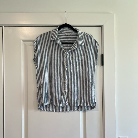 Orvis Women's Linen Button Down Shortsleeve Top‎ Blue White Stripes Size S - Picture 1 of 9